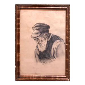 Maurycy TrebaczOld Jewish Shtetl Rabbi Charcoal Judaica Drawing World War II Era, C.1940
