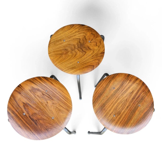 Mid-Century Modern Vintage Arne Jacobsen “Dot” Stools — First‑Run 1950s Teak + Steel — Set of 3 by Fritz Hansen For Sale - Image 3 of 18