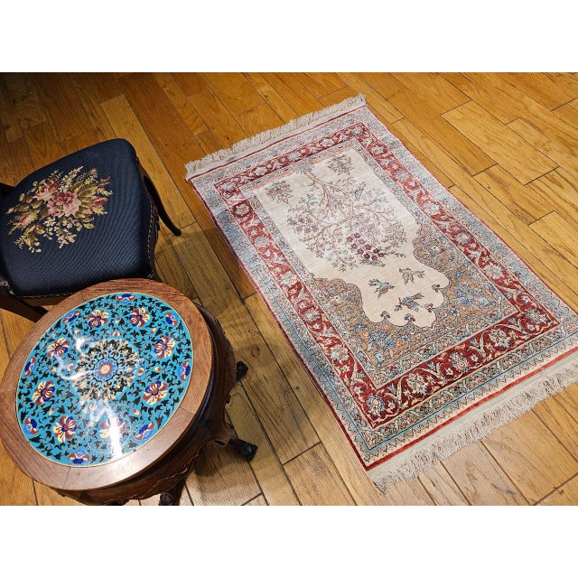 Textile Vintage Turkish Silk Kayseri Rug, Handwoven Tree of Life Design, Ivory & Red, 3' x 5' For Sale - Image 7 of 10