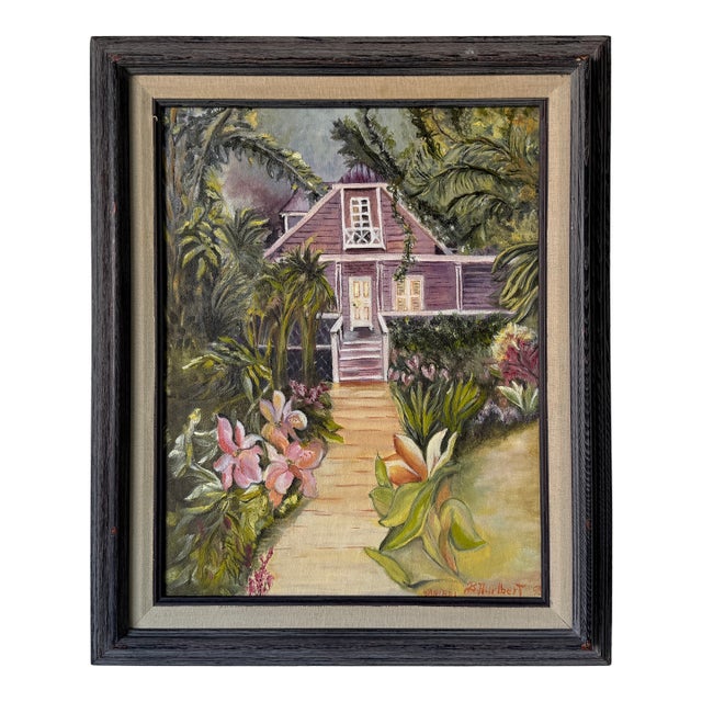 1970s Vintage B. Hurlbert Tropical House Entrance Oil Painting, Framed For Sale