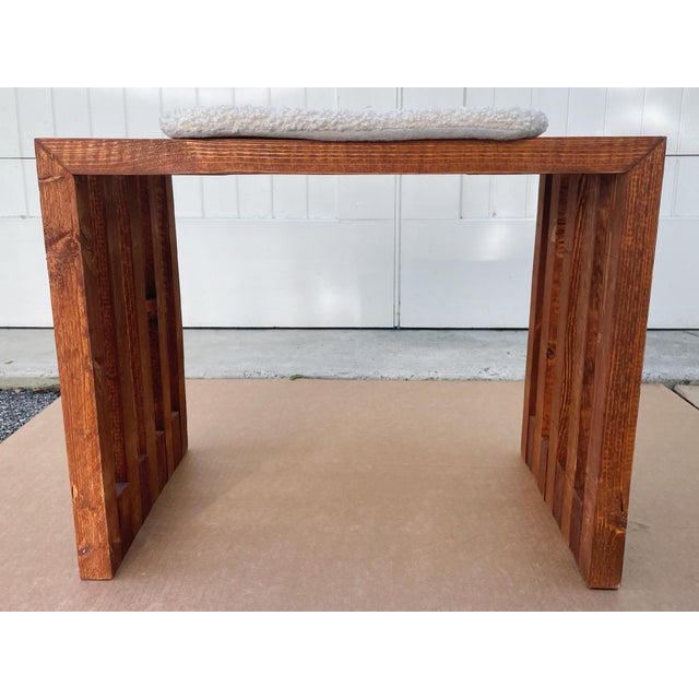 Brown Scandinavian Modern Pine Slatted Benches With Shearling Cushions - A Pair For Sale - Image 8 of 13