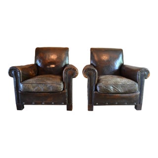 French Art Deco Club Chairs in Original Leather For Sale