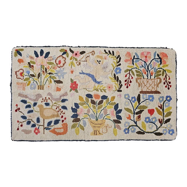 Vintage American Hand Hooked Rug, Handwoven Wool, Folk Art Pictorial Pattern, 2x4 For Sale
