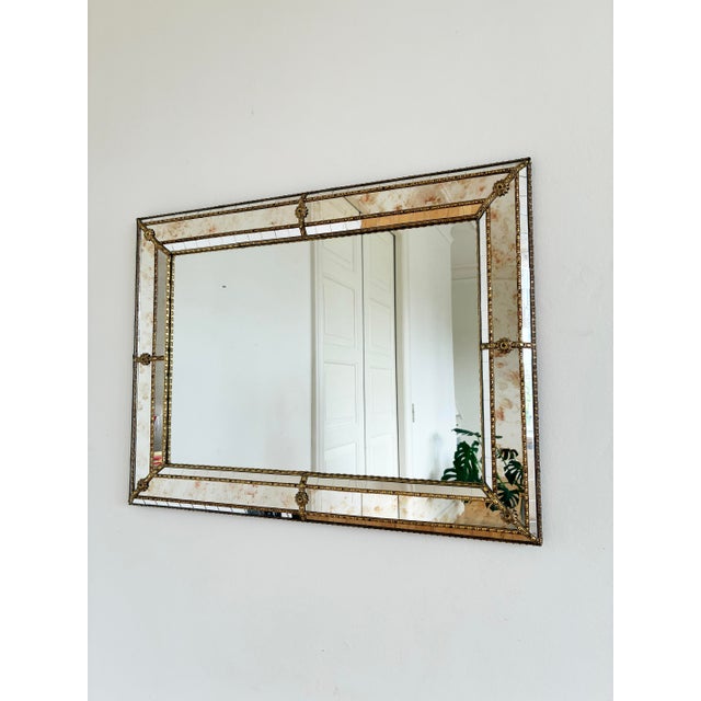 Wood Vintage Spanish Venetian-Style Wall Mirror, Rectangular, Brass, 1980s Hollywood Regency For Sale - Image 7 of 11