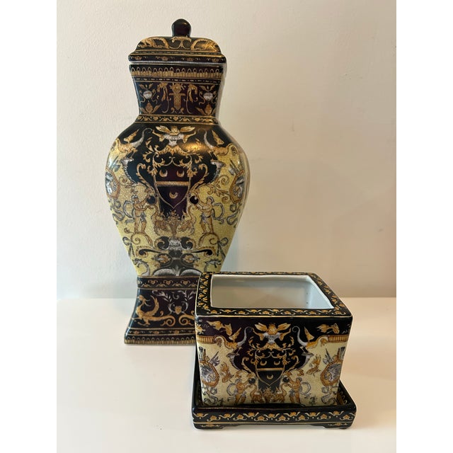 Metal Vintage Ceramic United Wilson (j.u.w.c.) Renaissance Revival Planter & Large Vessel Set For Sale - Image 7 of 10