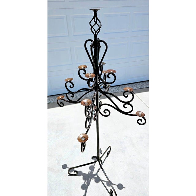 Monumental 13-Light Mexican Hand-Forged Wrought Iron Floor Candelabra – Spanish Colonial Hacienda Style, 65” Tall For Sale - Image 10 of 18