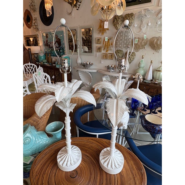Lovely vintage pair of metal, tole palm tree leaf leave frond table lamps. Marked 1973. Completely restored! Newly wired,...