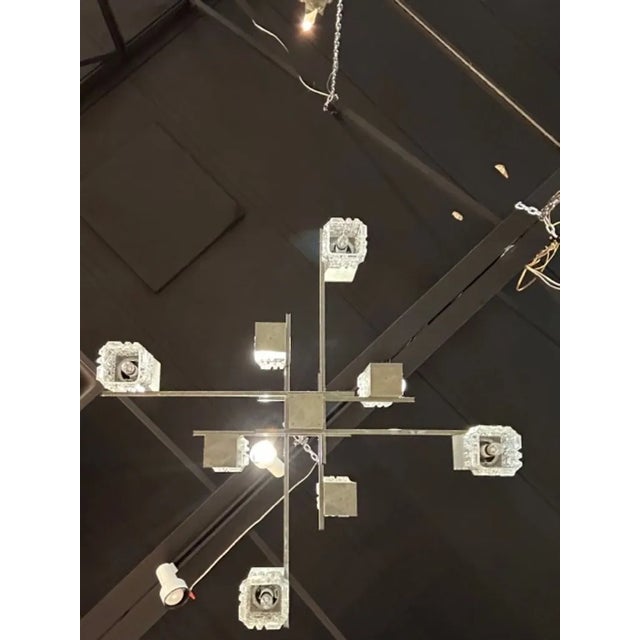 Metal French MCM Nickle and Glass 8 Light Suspension Chandelier For Sale - Image 7 of 7