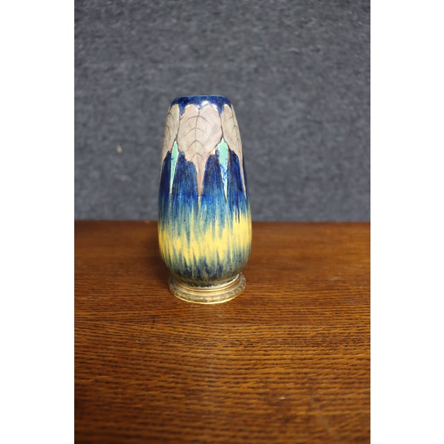 Mid-Century Modern Art Pottery Drip Glaze Vase With Bronze Base, Signed Page For Sale - Image 3 of 9