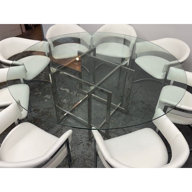 Contemporary Contemporary Glass Dining Table + Eight White Leatherette Dining Chairs, Set of Nine For Sale - Image 3 of 12