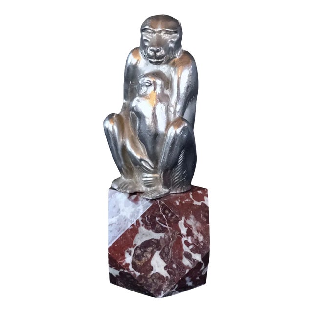 Monkey with Young Sculpture on Red Marble Socket For Sale