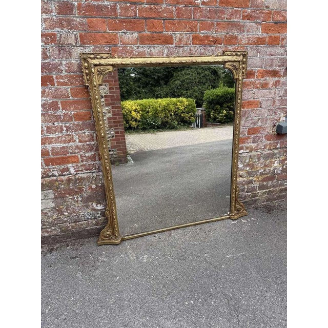 Glass Large Antique 19th Century English Carved Wood & Gesso Gilt Overmantle Mirror For Sale - Image 7 of 8