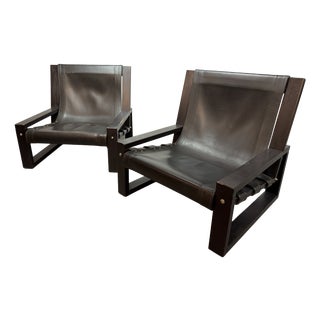 Mid-Century Brutalist Black Leather Lounge Chairs by Atelier Sonja Wasseur, Netherlands, 1970s, Set of 2 For Sale