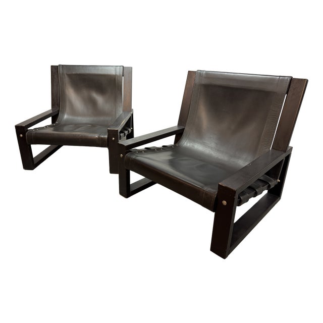 Mid-Century Brutalist Black Leather Lounge Chairs by Atelier Sonja Wasseur, Netherlands, 1970s, Set of 2 For Sale