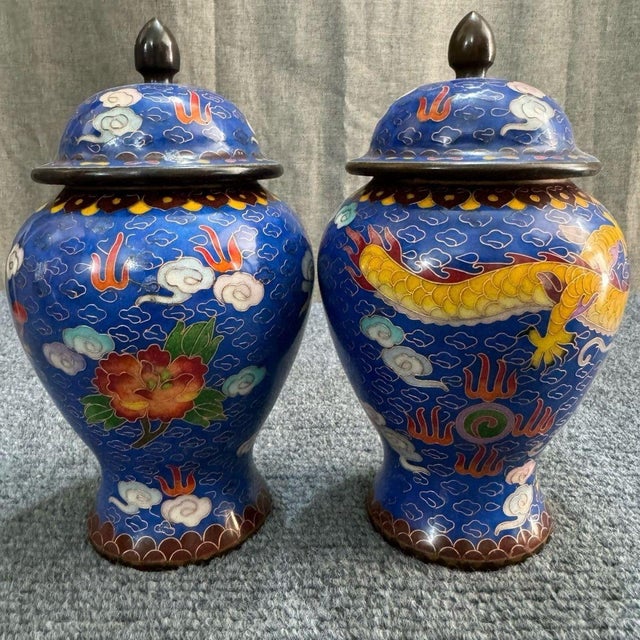 Chinese Pair of Small Chinese Cloisonné Enamel Dragon & Phoenix Jars With Lids - 8" Tall For Sale - Image 3 of 6