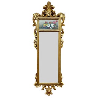 French Gilt Carved Wall Mirror in French Rococo Style with Oil Painting of Floral Motifs, 1920s For Sale