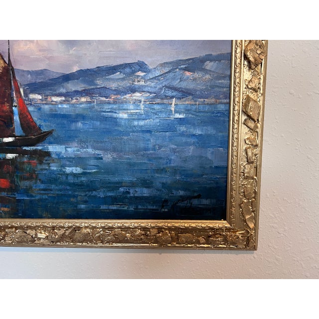 Textile Friedrich Karl Thauer (Germany 1924-2009) European Harbor Sailboats Oil Painting For Sale - Image 7 of 10