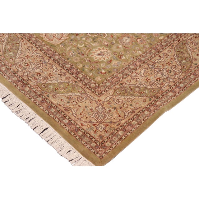 Shabby Chic Floral Kashan Pak-Persian Green/Tan Wool Rug - 10'2'' X 13'9'' For Sale - Image 3 of 8