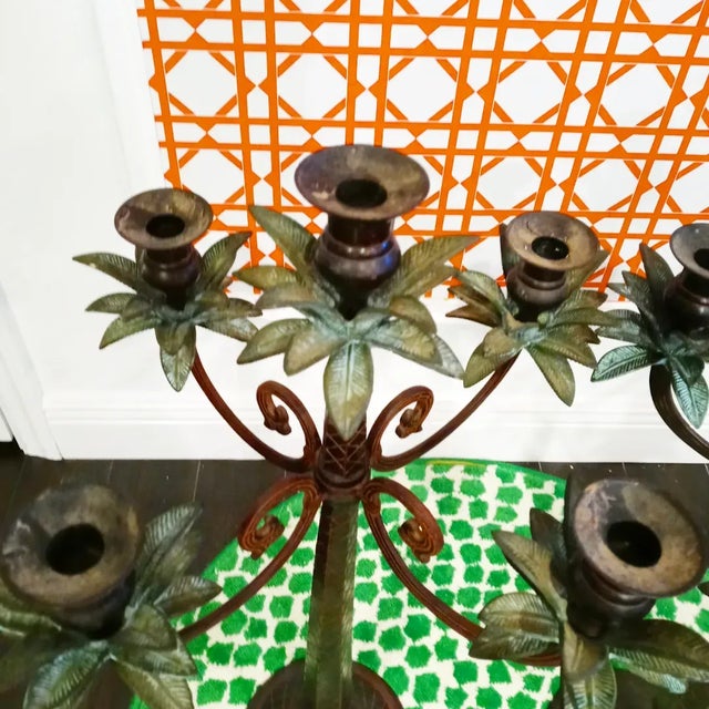 Traditional Vintage Massive 5 Arm Palm Tree Cast Iron Tall Regency Candelabra- a Pair For Sale - Image 3 of 11