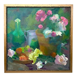 1999 Large Torgesen Murdock “Still Life W/ Peonies & Summer Fruit” Oil on Board For Sale