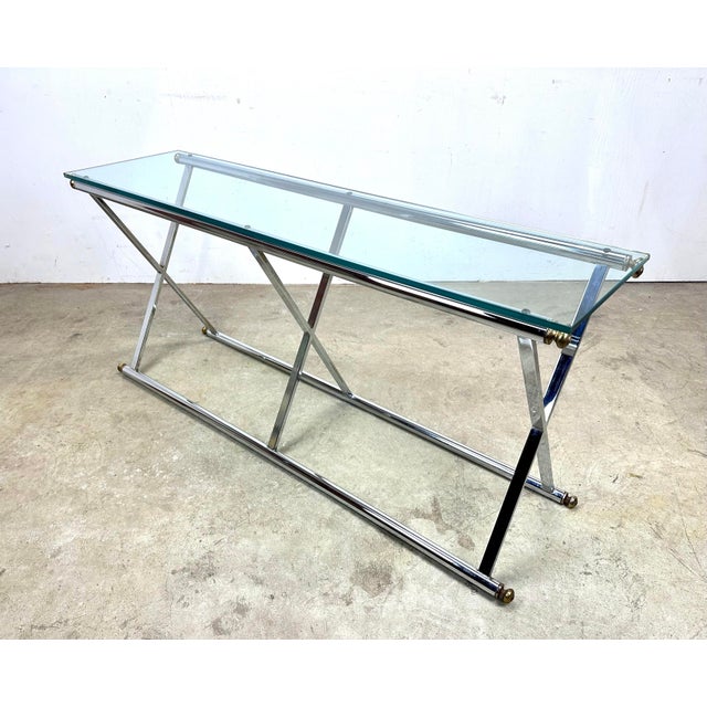 Modern Modernist Maison Jansen Style X-Base Chrome & Glass Console Table For Sale - Image 3 of 12