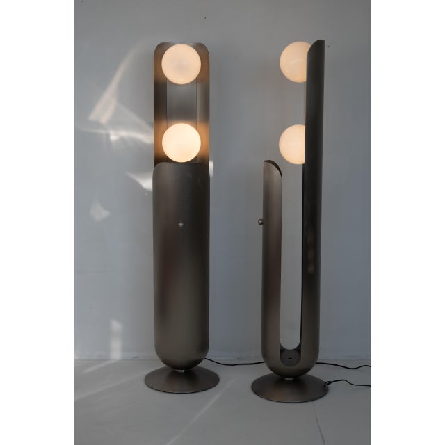 1970s Postmodern Tall Bruched Stainless Steel Metal Double Glass Globe Floor Lamp - a Pair For Sale - Image 4 of 9