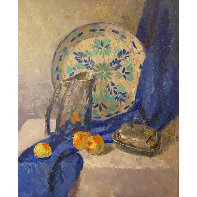Still Life With Silver Jug and Blue Drapery Original Impressionism Oil Painting Art by Anna Novick For Sale