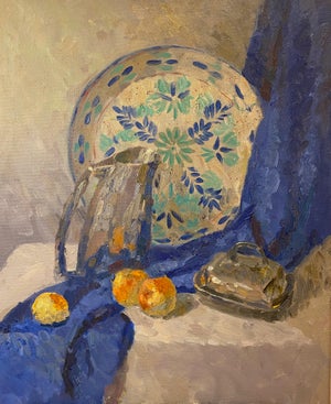 Still Life With Silver Jug and Blue Drapery Original Impressionism Oil Painting Art by Anna Novick