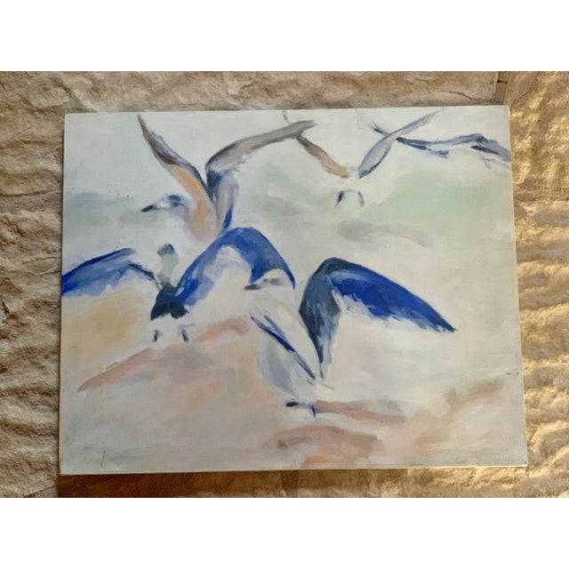 Early 21st Century "Seagulls in Flight" Original Contemporary Coastal Scene Painting on Canvas For Sale - Image 5 of 12