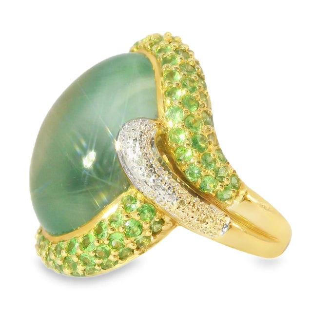 14K Yellow Gold Green Amethyst, Tsavorite, and Pave Diamond Ring. This beautiful piece features a 12 carat cabochon green...