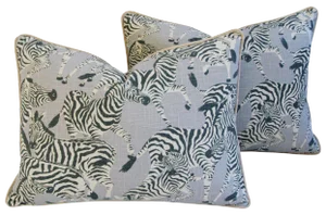 Custom Safari Zebra Linen/Velvet Feather/Down Pillows 24" X 18" - Pair