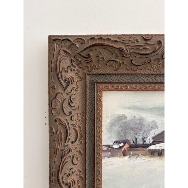 Vintage Original Oil Painting on Board – Snowy Farm and Barn Winter Landscape – Ornate Frame For Sale - Image 9 of 17