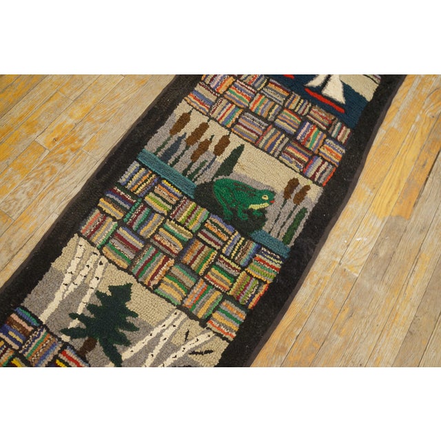 1930s Multicolor Scene Pictorial Folk Art American Hooked Rug Runner 2' X 19' Handknotted Wool Carpet For Sale - Image 11 of 14