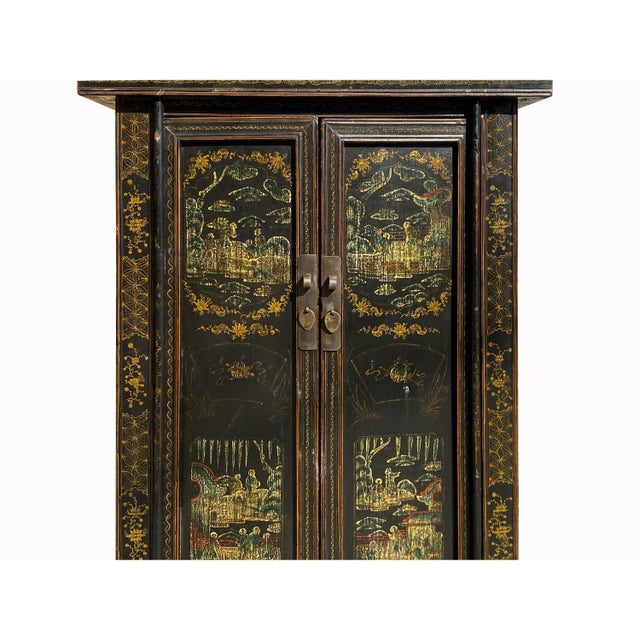 Chinese 1980s Chinese Vintage Distressed Color Scenery Graphic Dresser Cabinet For Sale - Image 3 of 6