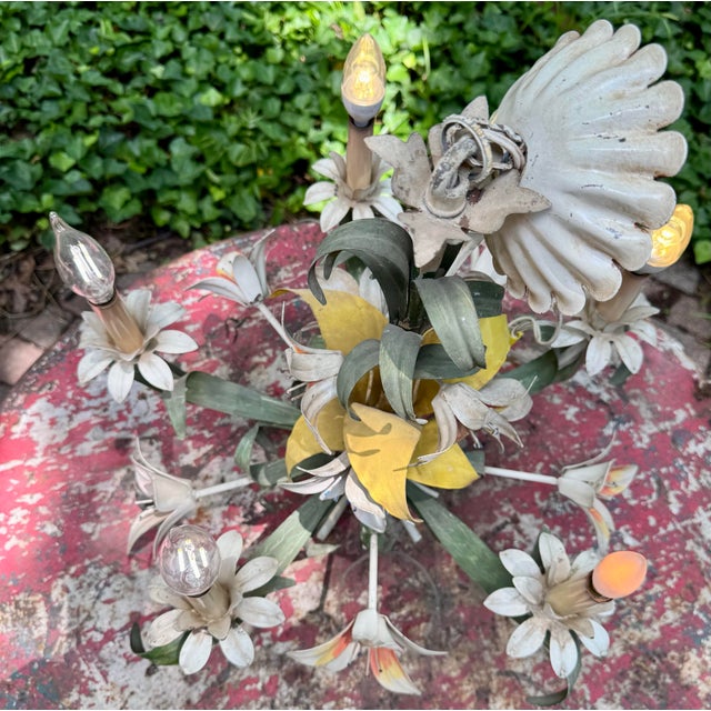 Vintage 1960’s Italian Hand Painted Polychrome 5 Arm Metal Tole Chandelier With Lilies For Sale - Image 12 of 12