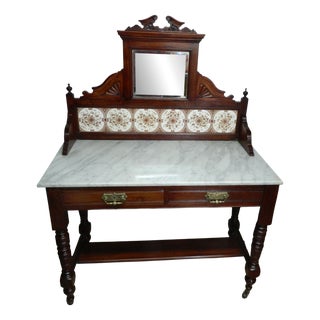 Antique Victorian Mahogany and Marble Wash Stand with Tiled Back Mirror & 2 Drawers For Sale