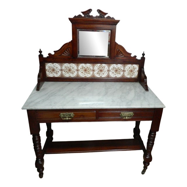 Antique Victorian Mahogany and Marble Wash Stand with Tiled Back Mirror & 2 Drawers For Sale
