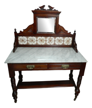 Antique Victorian Mahogany and Marble Wash Stand with Tiled Back Mirror & 2 Drawers