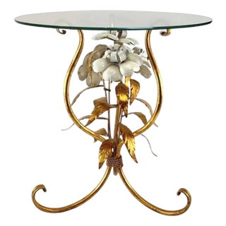 Vintage Gilded Tole White Floral / Flower Accent / Side / Drinks Table, in the Manner of Hans Kögl For Sale