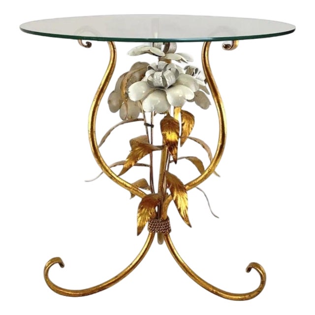 Vintage Gilded Tole White Floral / Flower Accent / Side / Drinks Table, in the Manner of Hans Kögl For Sale