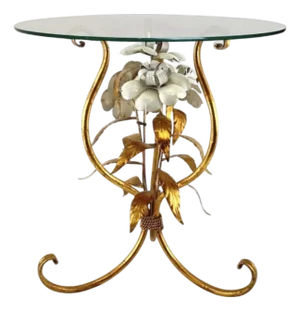 Vintage Gilded Tole White Floral / Flower Accent / Side / Drinks Table, in the Manner of Hans Kögl