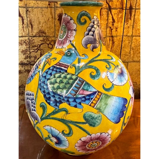 Mid-Century Modern Mid Century Italian Yellow Glazed Ceramic Lamp With Birds and Flowers - Signed For Sale - Image 3 of 8