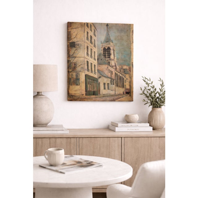 Textile Mid Century Paris Street Scene Canvas | After Maurice Utrillo | Vintage French Wall Art | European Cityscape Décor | 1950s For Sale - Image 7 of 13