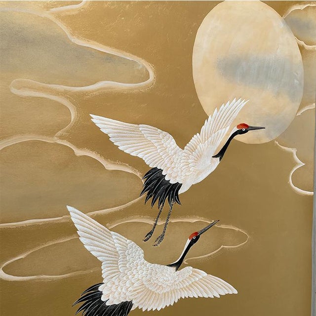 Chinoiserie Gold Leaf Japanese Style Hand-Painted Crane Wall Panels (Set of 4) For Sale - Image 3 of 8
