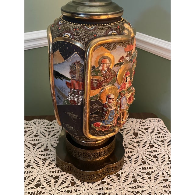 Vintage 31" Japanese Satsuma Moriage Table Lamp With Pleated Shade For Sale - Image 11 of 18