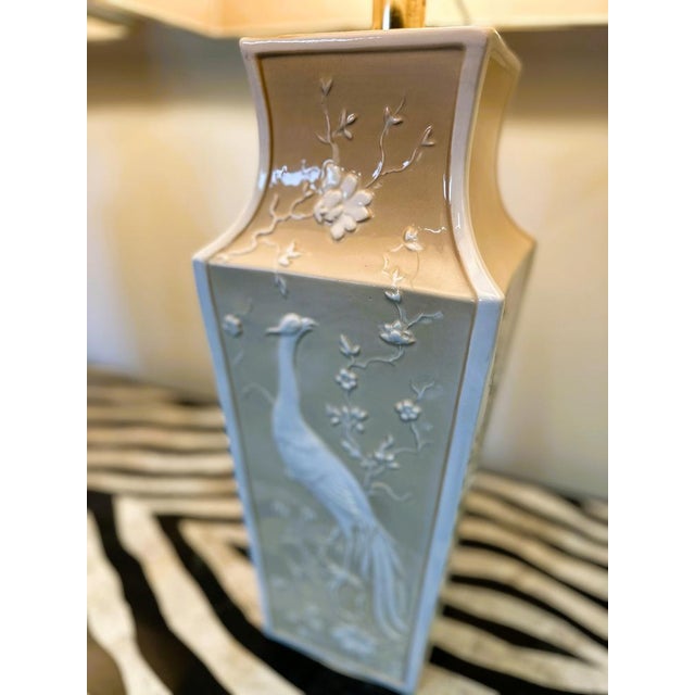 White Large Cream Ceramic Table Lamps with Relief Peacocks and Fabric Shades, Set of 2 For Sale - Image 8 of 16