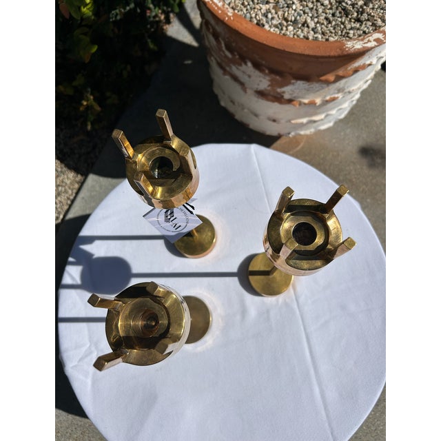 Mid-Century Modern Vintage Mid-Century Brass Candlestick Trio For Sale - Image 3 of 15