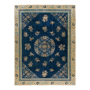 Outstanding Navy Color & Blue Rosette Beige Border With Geometric Design Antique Chinese Peking Rug