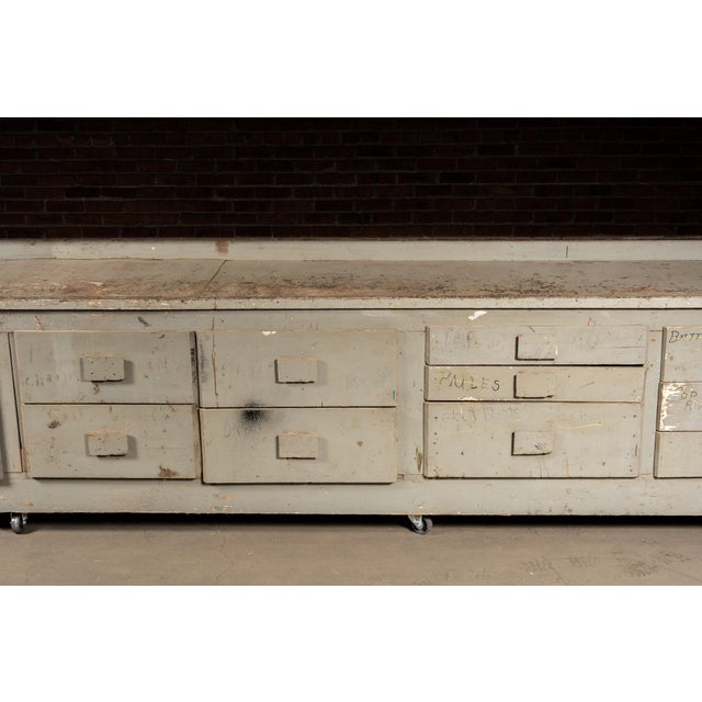 Early 20th Century Monumental Industrial Shop Workbench Cabinet With Labeled Drawers For Sale - Image 18 of 18
