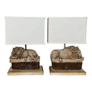 Pair of Neoclassical Recumbent Lion Table Lamps - After Canova For Sale